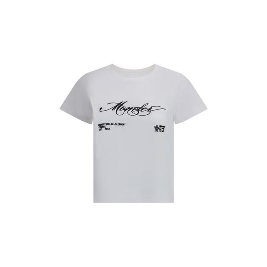 Moncler White Cotton T-Shirt with embroidered logo and ribbed crew neck, crop cut design, ideal for AW25 casual fashion.