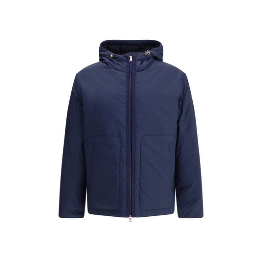 Moncler x Donald Glover Blue Goose Down Full-Length Jacket with adjustable hood and hidden quilting.