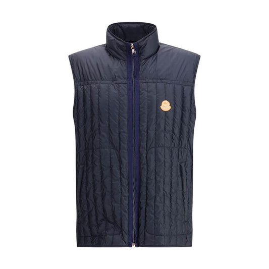 Moncler x Donald Glover Blue Polyamide Sleeveless Jacket with vertical quilting and front zip.