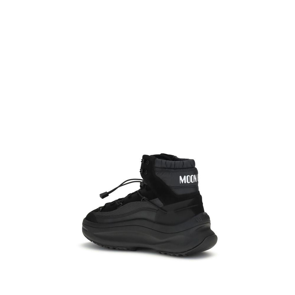 Moon Boot Black Polyester Athletic Sneakers with utility-inspired mid-top silhouette and bold design.