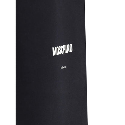 Close-up of Moschino Black Cotton Joggers (Workout Pants) showcasing logo detail on fabric.