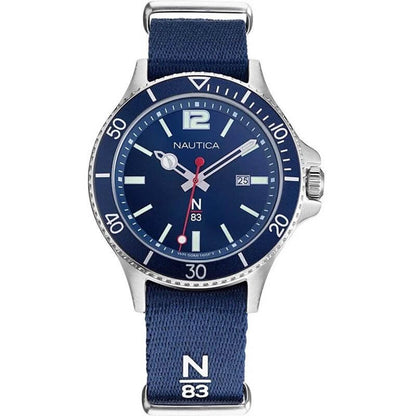 NAUTICA Mod. NAPABS904 gent quartz analog watch with blue dial and 5 ATM water resistance, 43mm case, official packaging