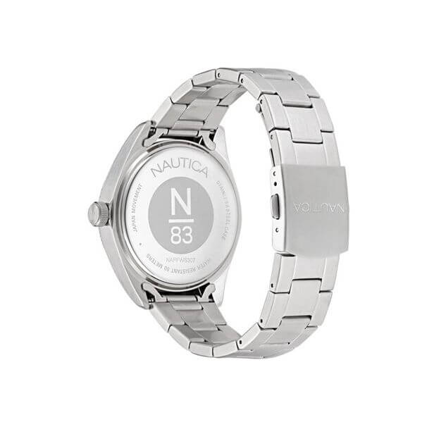NAUTICA Mod. NAPFWS307 gent's quartz analog wristwatch with mineral dial, water resistant 5 ATM, featured in official packaging.