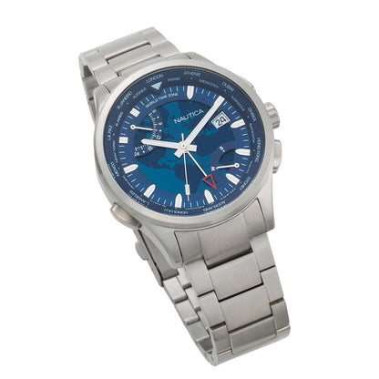 NAUTICA Mod. NAPSHG003 quartz analog gent's watch with 44mm case, blue dial, and water resistance of 10 ATM.