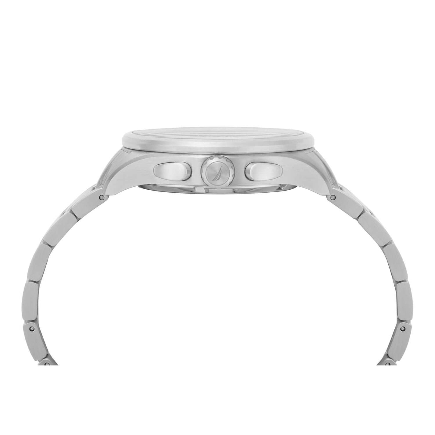 Side view of NAUTICA Mod. NAPSHG003 Gent's Quartz Watch, 44mm case, water resistant 10 ATM, mineral dial, with metal bracelet.