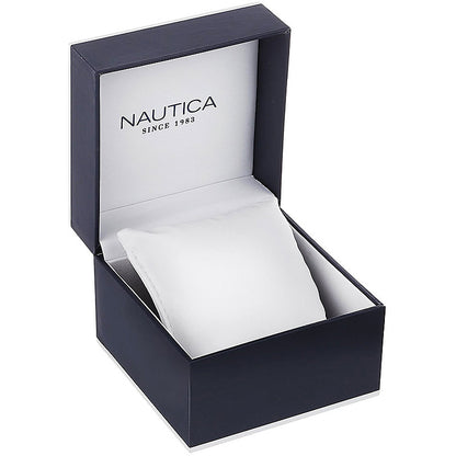 Official packaging box for NAUTICA Mod. NAPTCF210 gent's quartz analog watch with water-resistant functionality and mineral glass dial.