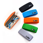 NEW BALANCE MOD. NB411001 52 unisex eyeglass cases in various colors with open case showing glasses inside, suitable for gents.