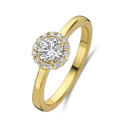 Elegant gold ring with diamond halo, NEW BLING Mod. 9NB-1538-60, showcasing exquisite design and craftsmanship.