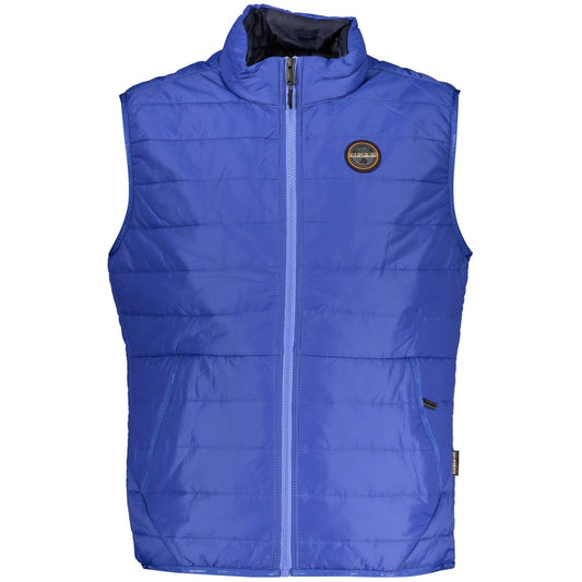 Napapijri Blue Polyester Men Jacket with zip front, logo, and multiple pockets for utility. Durable and stylish sleeveless design.