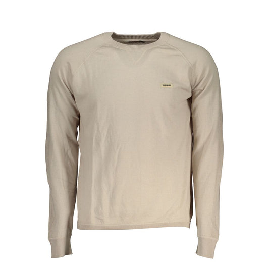 Napapijri Chic Beige Long Sleeve Crew Neck Sweater featuring contrast details and logo. Material: 70% Cotton, 30% Linen. Made in BD.