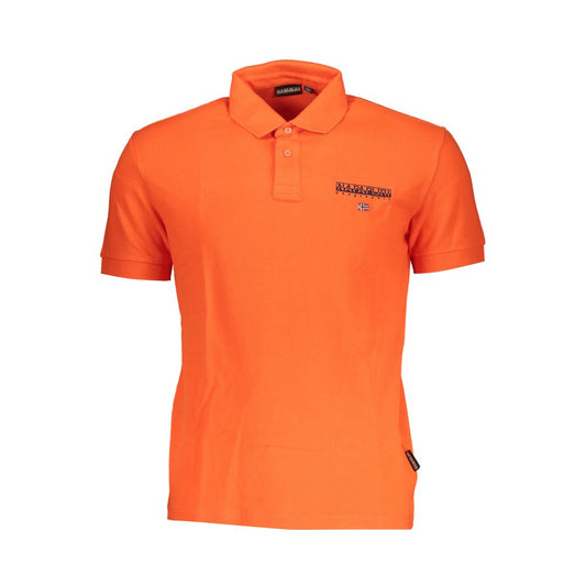 Orange polo shirt with collar and button placket, featuring a small logo on the chest.
