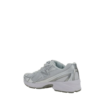New Balance White Polyurethane Athletic Sneakers with mesh details and rubber sole, side panel branding, and front lace-up closure.
