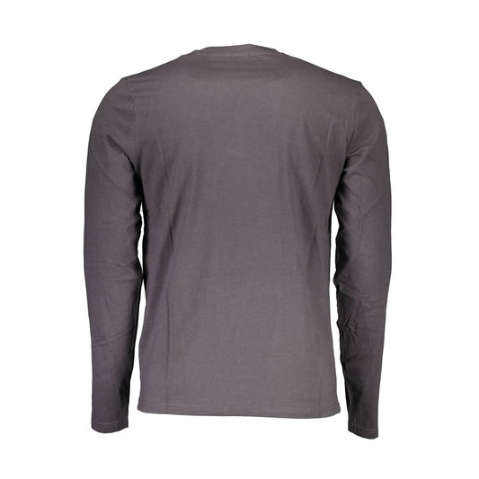 Back view of a plain grey men's T-shirt on white background