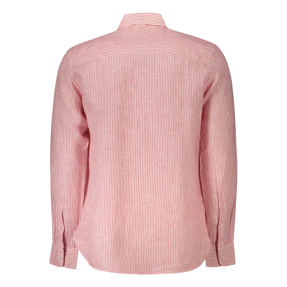 Back view of North Sails Red Linen Shirt with long sleeves, French collar, and button cuffs.