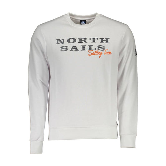 North Sails White Cotton Men Sweater with logo print, crewneck, long sleeves, celebrating nautical spirit, made of cotton and polyester.