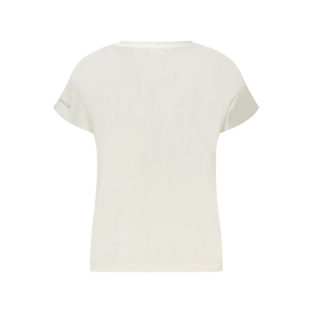 Back view of North Sails White Cotton Women T-Shirt featuring short sleeves and wide neck design.