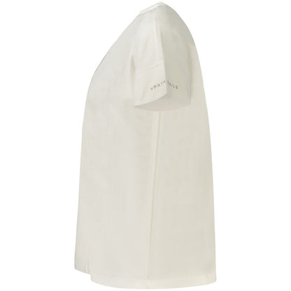 Side view of North Sails White Cotton Women T-Shirt with wide neck design and embossed logo.