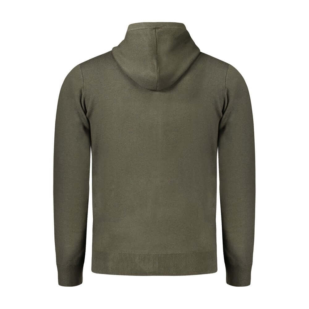 Rear view of Norway 1963 Green Polyamide Men Cardigan showcasing hood and long sleeves for cozy luxury fashion.