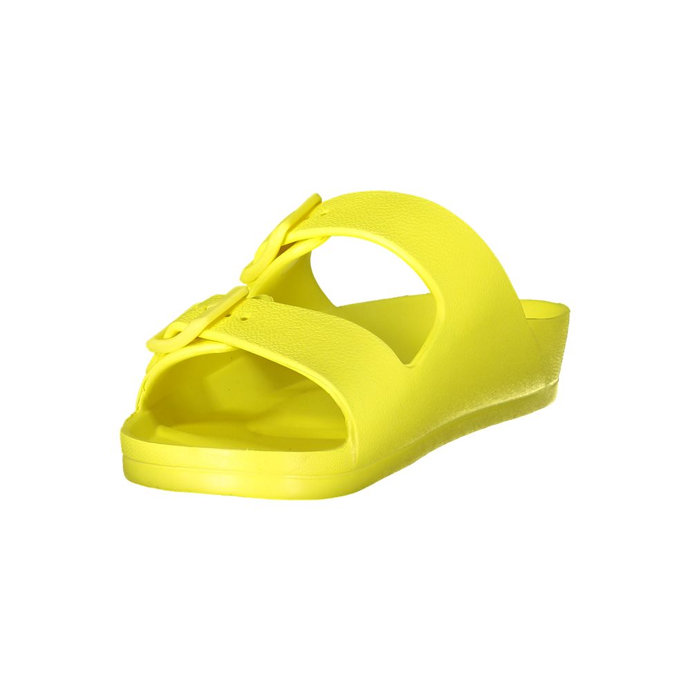 Norway 1963 Yellow Plastic Women Sandal with bold buckles and iconic logo, retro-modern style, durable and eye-catching.