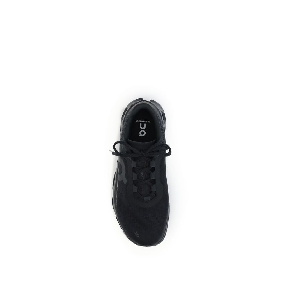 ON Black Polyester Athletic Sneakers, top view showing lace-up design and brand logo on tongue.