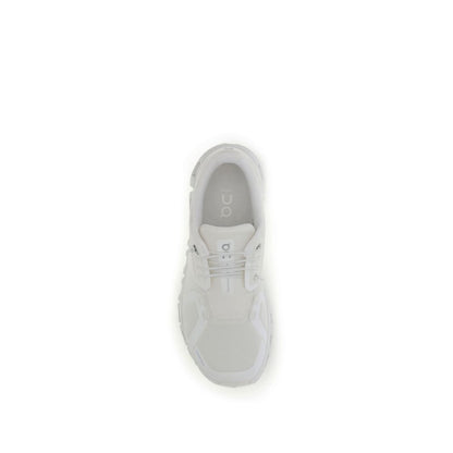 Top view of ON White Recycled Polyester Athletic Sneakers showcasing sleek design and eco-friendly material for comfort and performance.