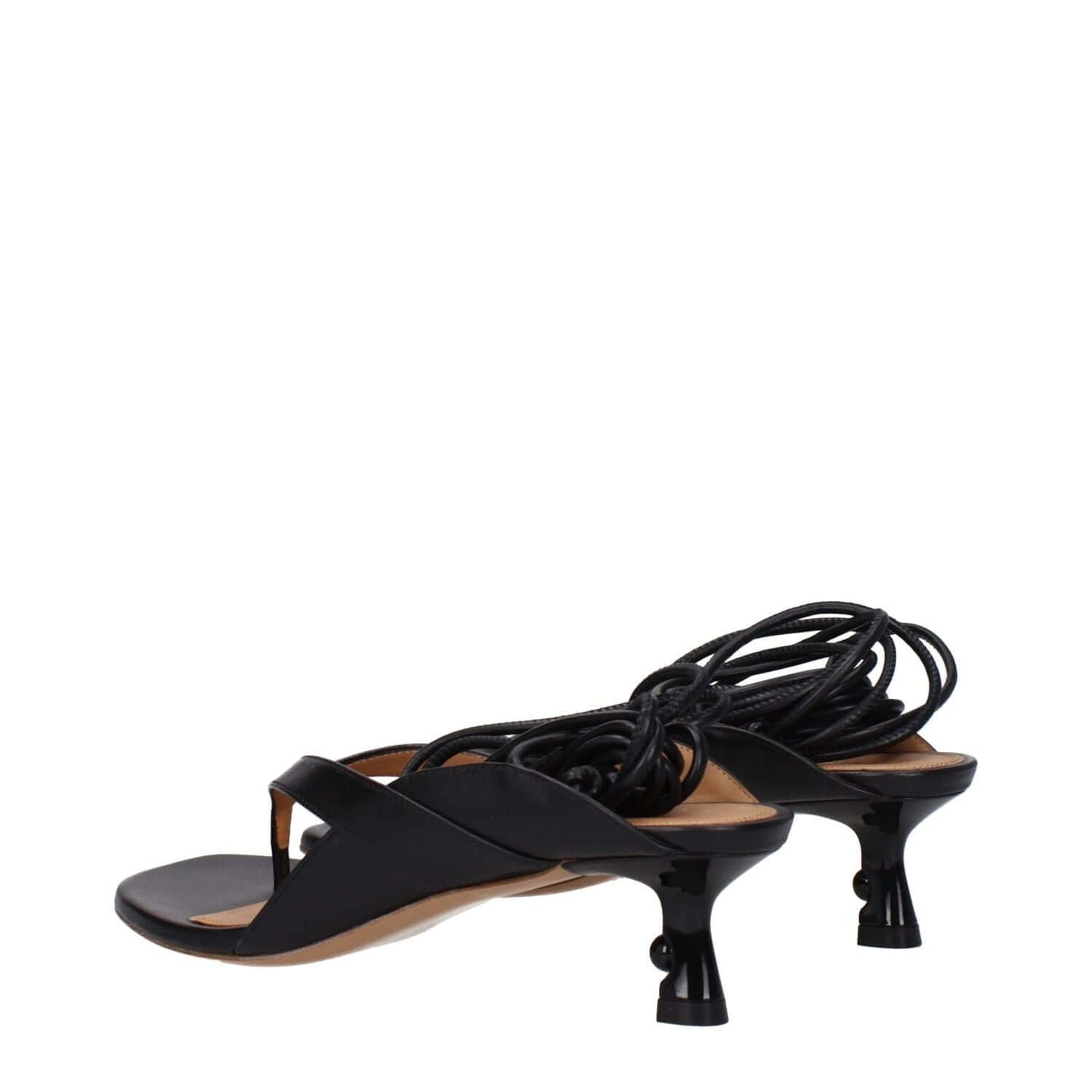 Off-White Black Leather Flip-Flop Sandals with self-tie closure and mid heels, showcasing open toe design and leather sole.