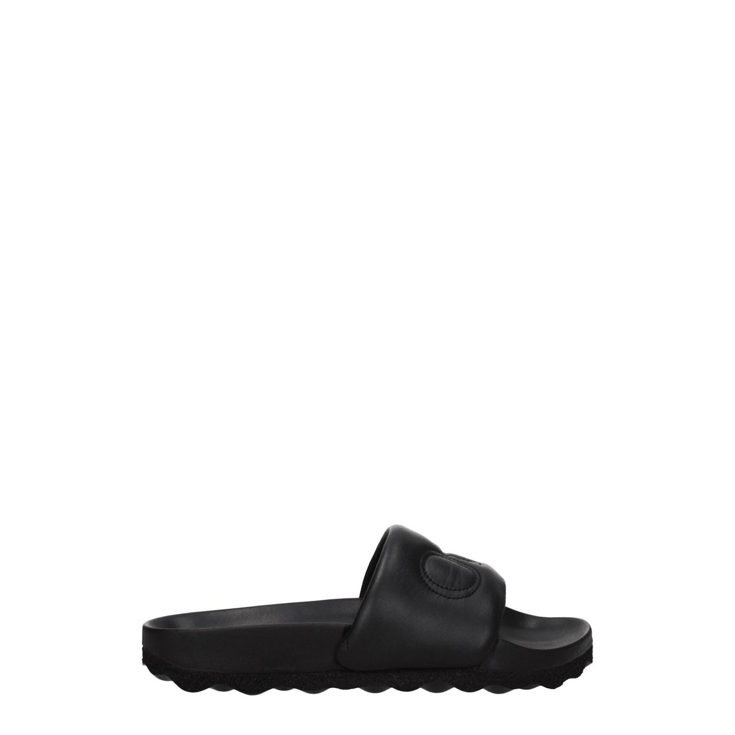 Off-White Black Leather Slippers with logo, open toe, low flat heel, rubber sole, perfect for casual style.