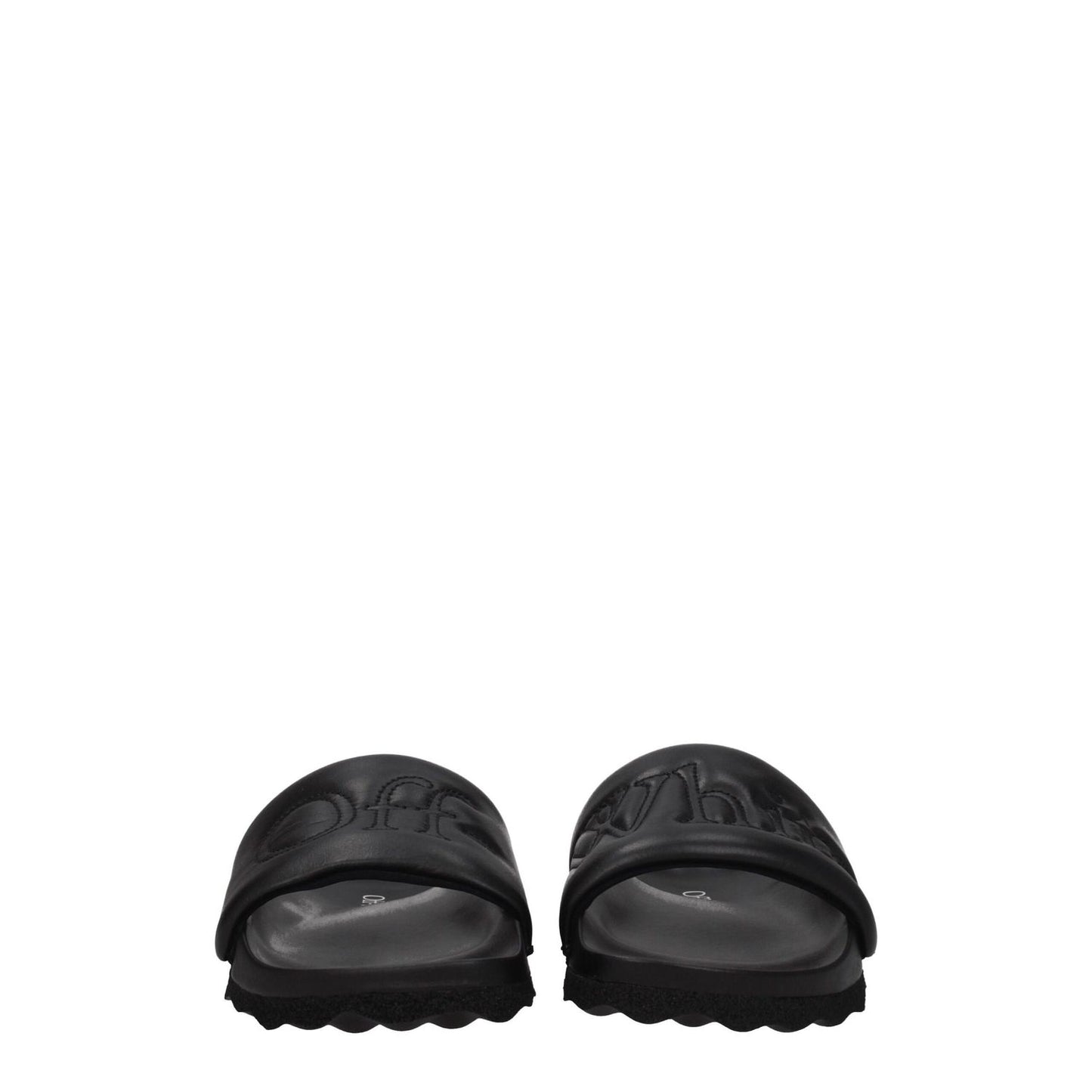 Off-White Black Leather Slippers front view showcasing open toe design with logo, flat rubber sole, and casual style.