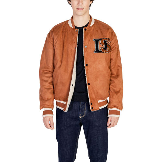 Man wearing Only & Sons Brown Polyester Jacket with embroidered details, showcasing trendy and reversible winter fashion.