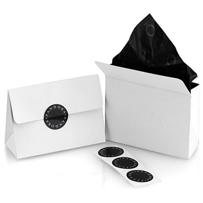 PANDORA gift packaging for jewelry, showcasing elegant design with branded stickers, highlighting PANDORA Mod. 793817C01.