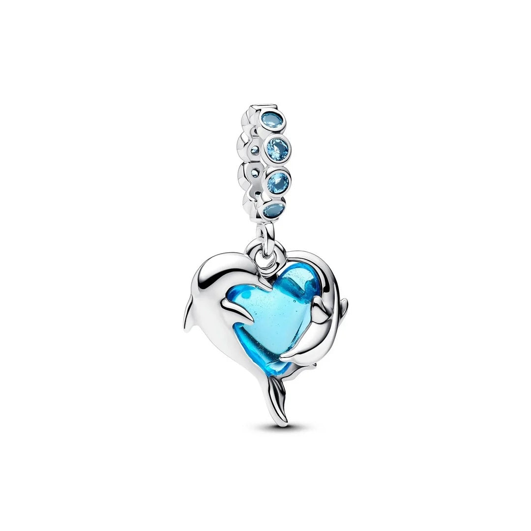 PANDORA Mod. 793924C01 charm featuring a blue heart with dolphin design and crystal accents.