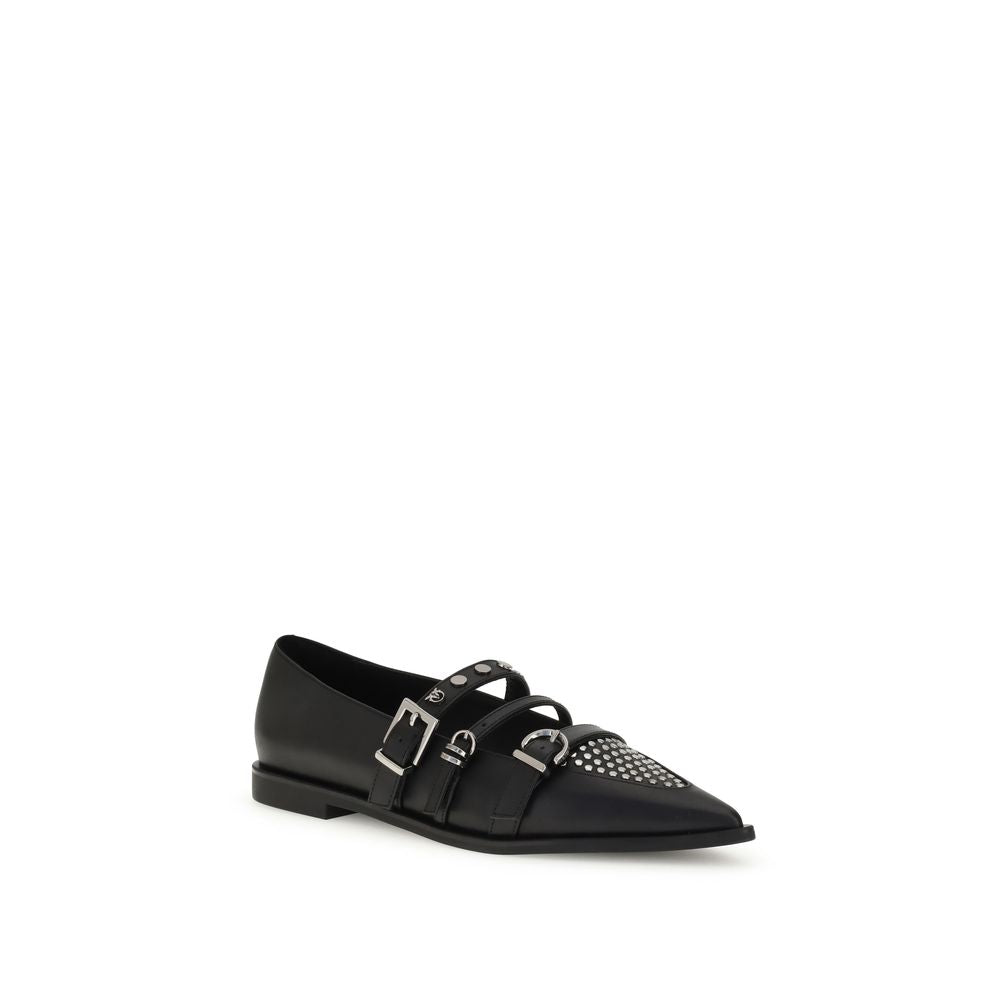 PINKO Black Calf Leather Bos Taurus Ballet Flats with studded almond toe and three-buckle closure, bold design ankle strap.