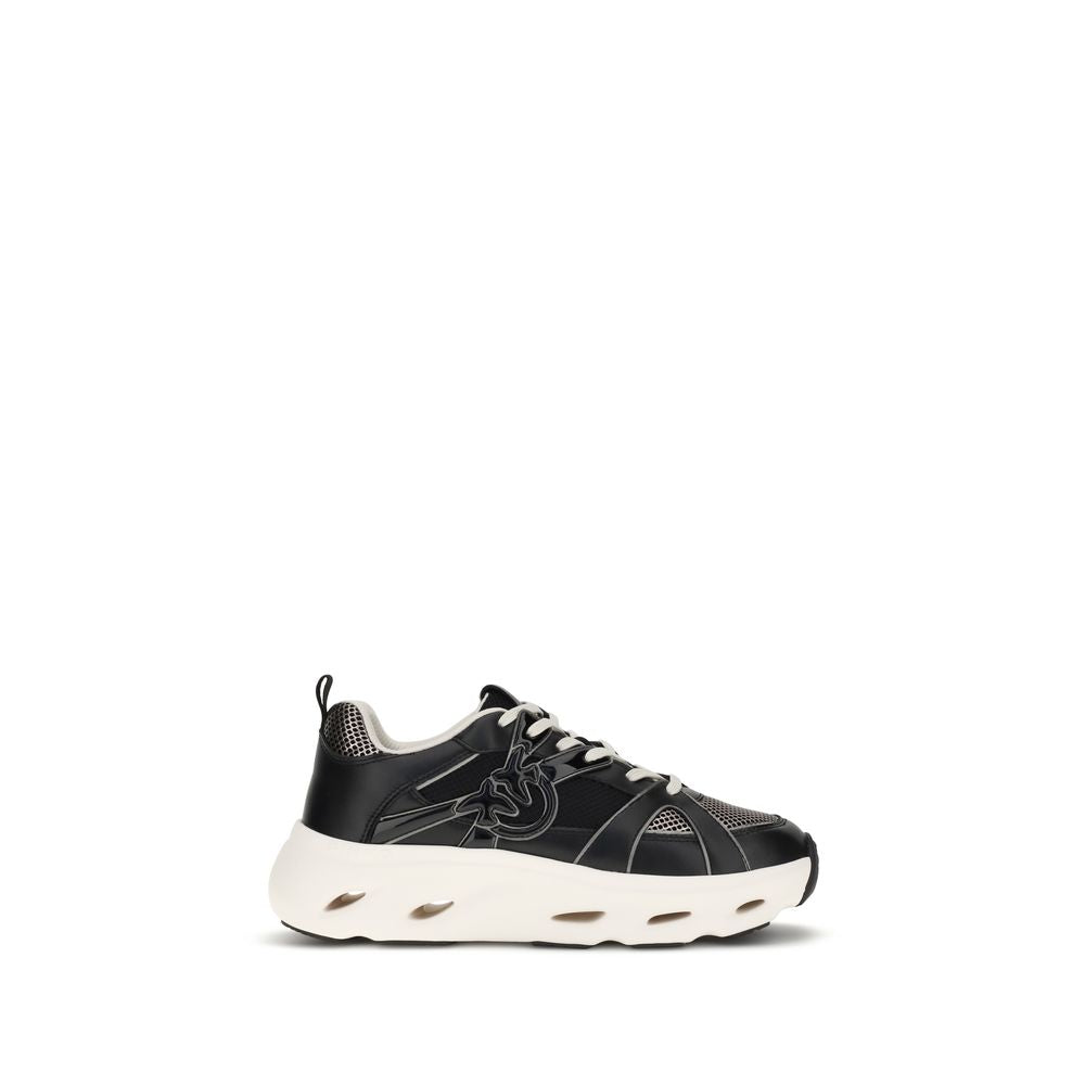 PINKO Black Calf Leather Bos Taurus Chunky Sneakers with lace-up design and Love Birds logo, featuring mesh inserts and shiny details.