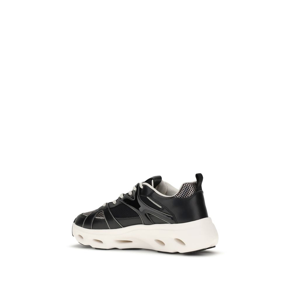 PINKO Black Calf Leather Bos Taurus Chunky Sneakers with mesh inserts and Love Birds logo, side view.