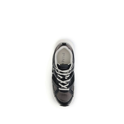 Top view of PINKO Black Calf Leather Bos Taurus Chunky Sneakers with mesh inserts and Love Birds logo, bold contemporary design.