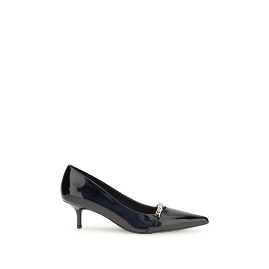PINKO Black Calf Leather Bos Taurus Mid Heel Pumps with patent leather, pointed toe, and decorative chain logo.
