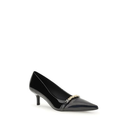 PINKO Black Calf Leather Bos Taurus Mid Heel Pumps with glossy patent finish and chain logo embellishment.