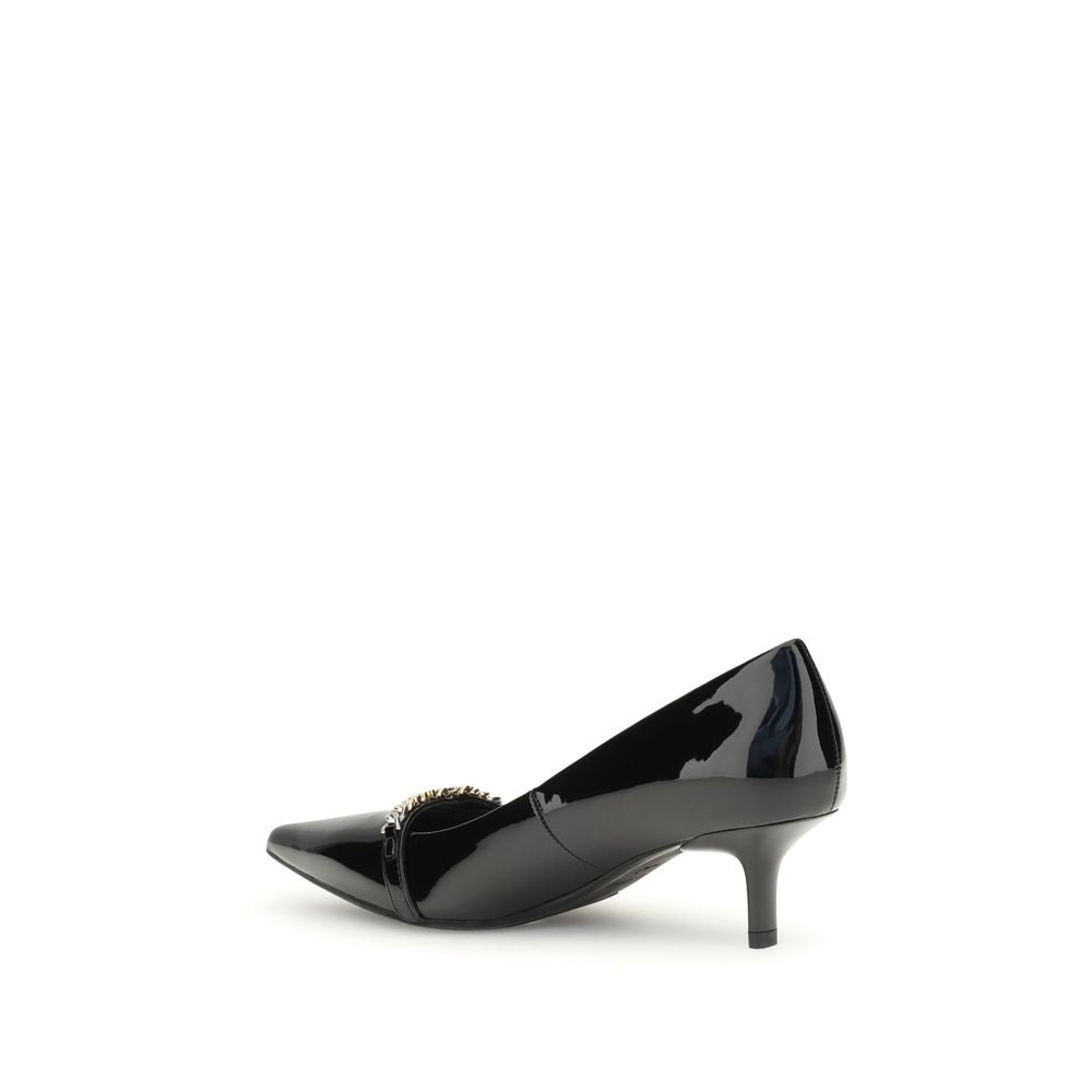 Side view of PINKO Black Calf Leather Bos Taurus Mid Heel Pumps with patent leather and decorative chain logo detail.