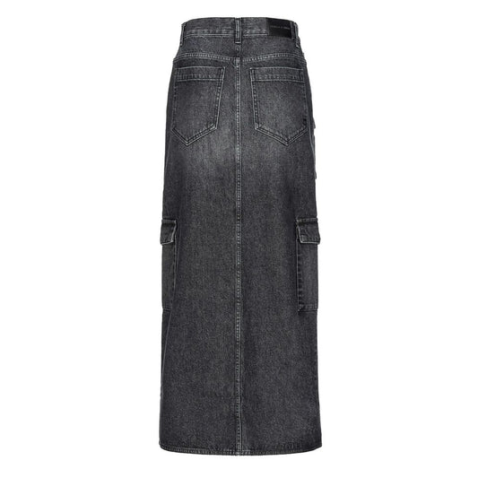 PINKO Black Cotton Skirt with zip closure, back pockets, flap pockets, and side pockets, showcasing the long tailored design.