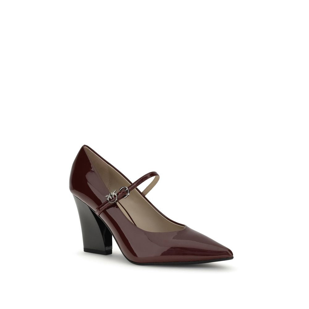 PINKO Bordeaux Calf Leather Bos Taurus High Heel Pumps with adjustable strap and glossy patent leather finish.