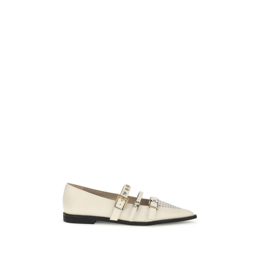 PINKO Cream Leather Ballet Flats with studded ankle strap and three-buckle closure, perfect for a bold and feminine Autumn-Winter look.