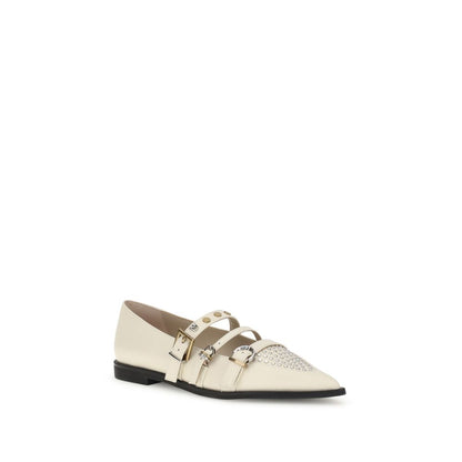 PINKO Cream Leather Ballet Flats with almond toe, three-buckle closure, and studded embellishments on upper and ankle strap for AW25.
