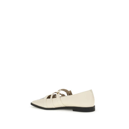 PINKO Cream Leather Ballet Flats side view with studded design and three-buckle strap.