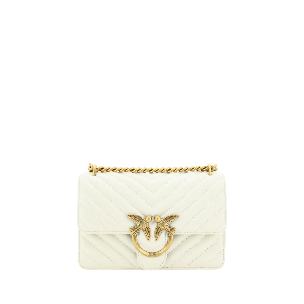 PINKO Elegant White Mini Love Shoulder Bag with gold-plated Love Birds logo, quilted design, and chain strap in calf leather.