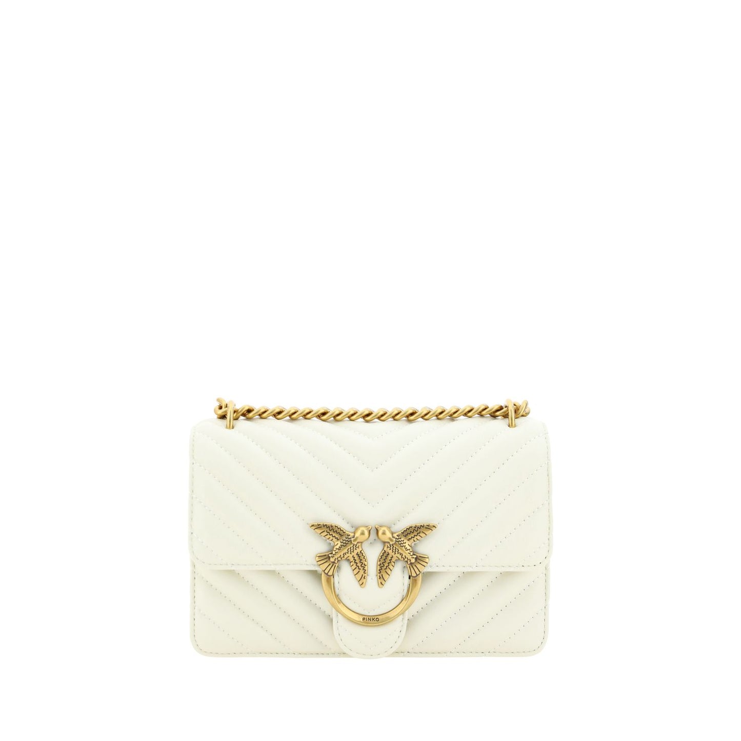 PINKO Elegant White Mini Love Shoulder Bag with gold-plated Love Birds logo, quilted design, and chain strap in calf leather.