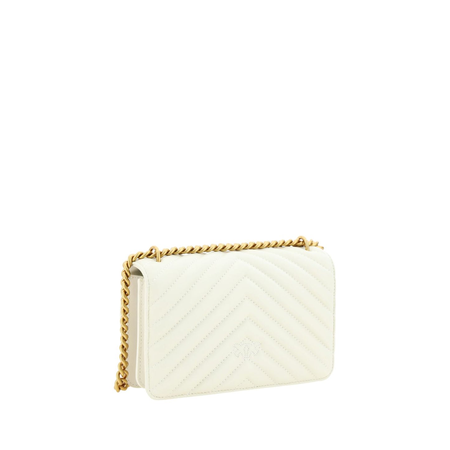 PINKO Elegant White Mini Love Shoulder Bag with gold chain and quilted design, featuring luxurious Love Birds logo, perfect for sophisticated style.