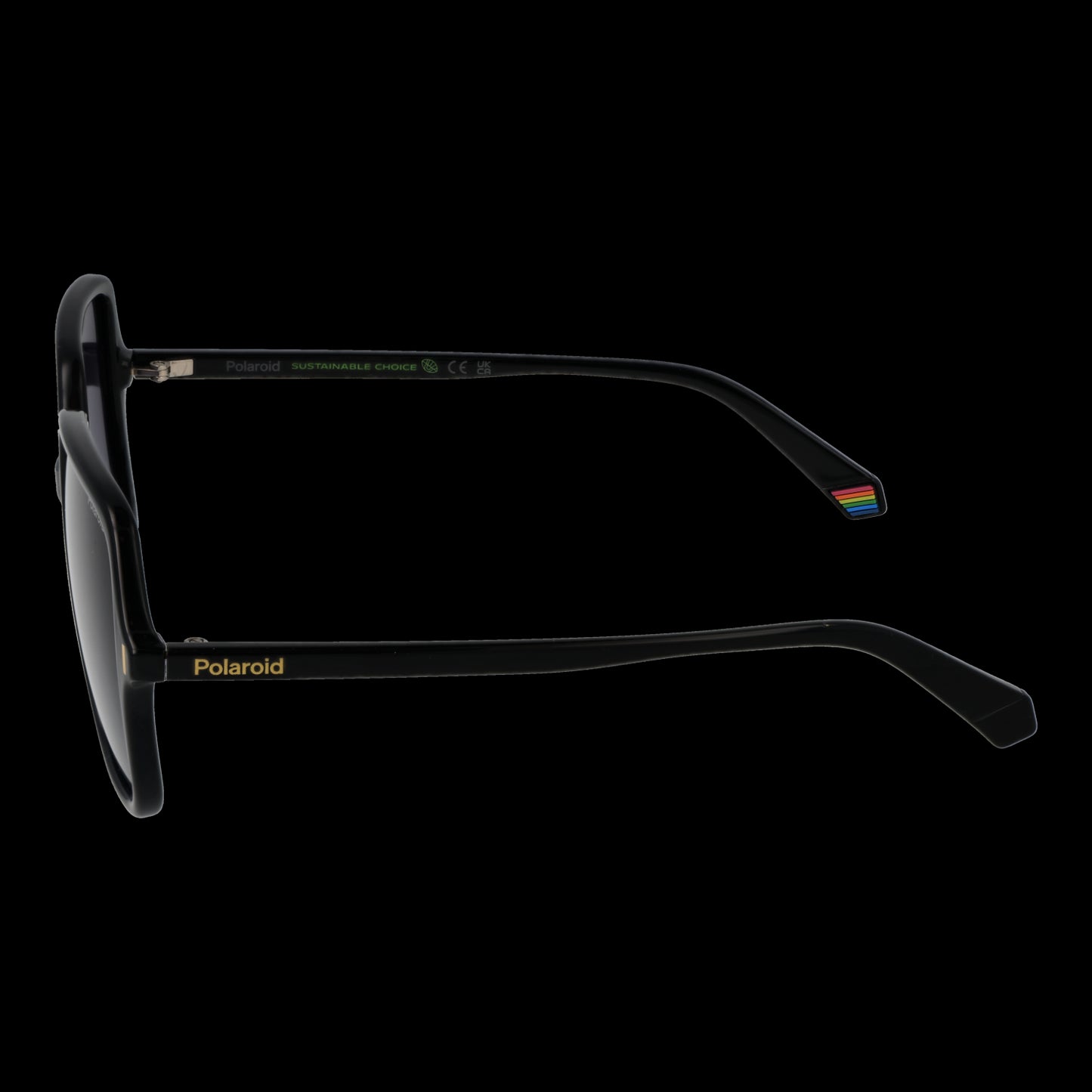 Side view of POLAROID MOD. PLD 6219_S 56807WJ sunglasses for ladies, showcasing black sleek frame and logo detailing.