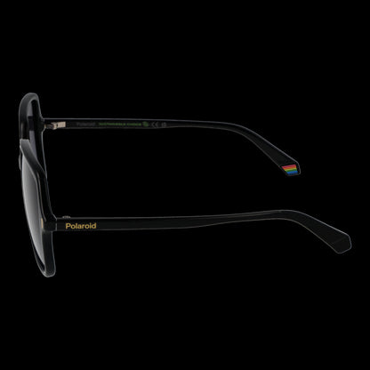 Side view of POLAROID MOD. PLD 6219_S 56807WJ sunglasses for ladies, showcasing black sleek frame and logo detailing.