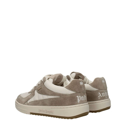 Palm Angels Beige Fabric Low Top Sneakers in suede with logos, round toe, lace-up closure, and rubber sole, sporty glam style.