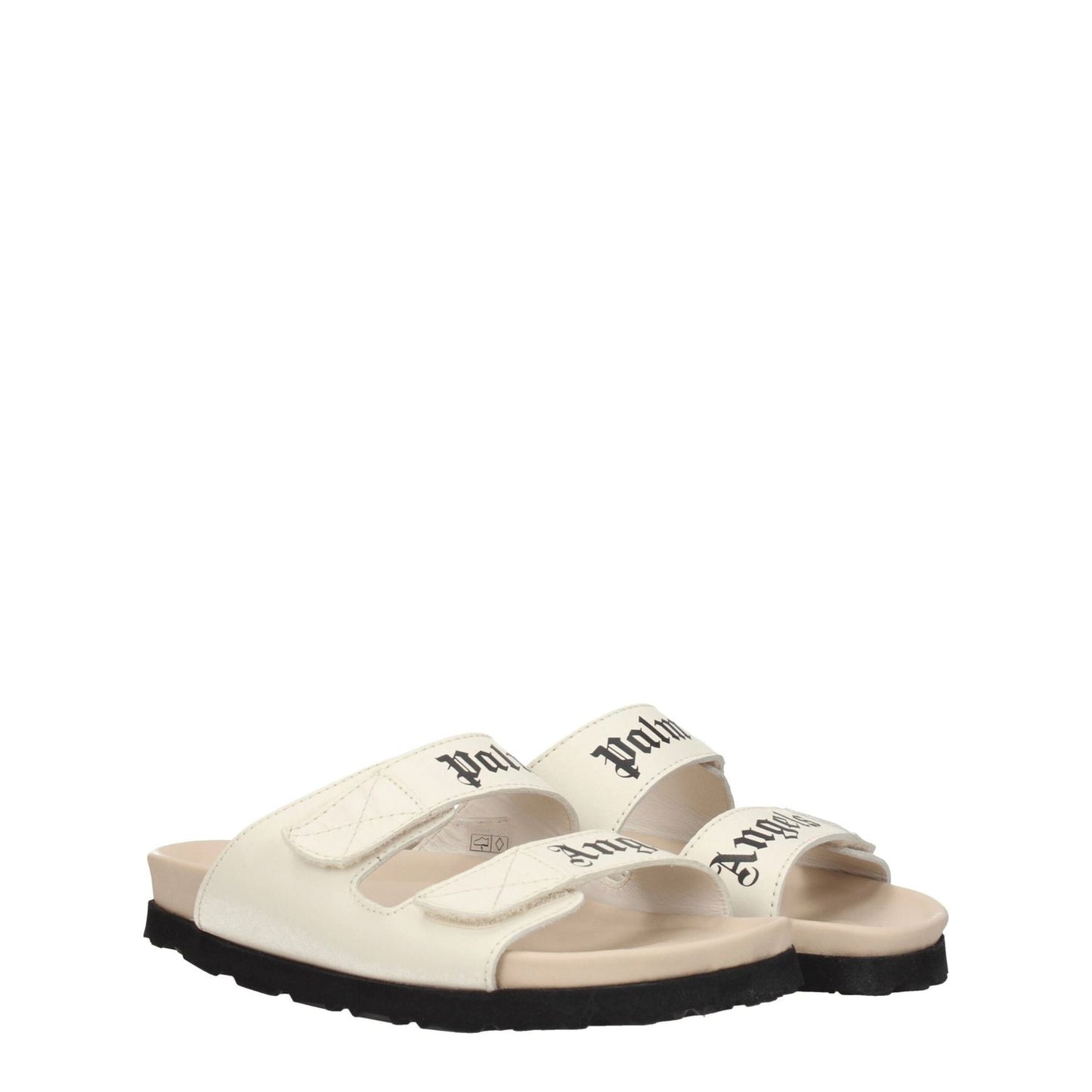 Palm Angels Beige Leather Flat Sandals with logo strap and open toe, front view of casual design with rubber sole.